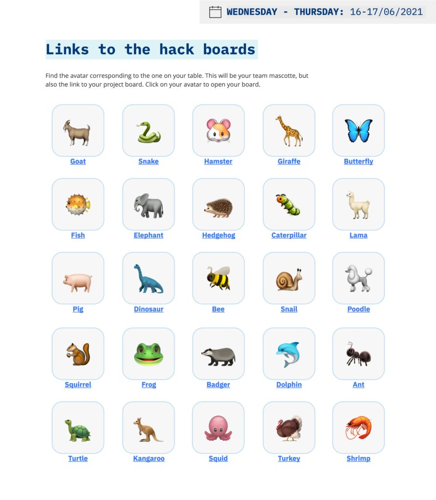 Teams depicted as animal emojis for Hack Healthcare