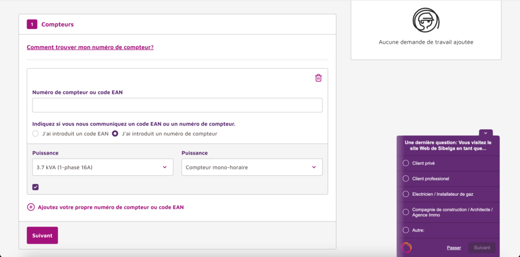 Exit intent survey for a work request on the Sibelga website