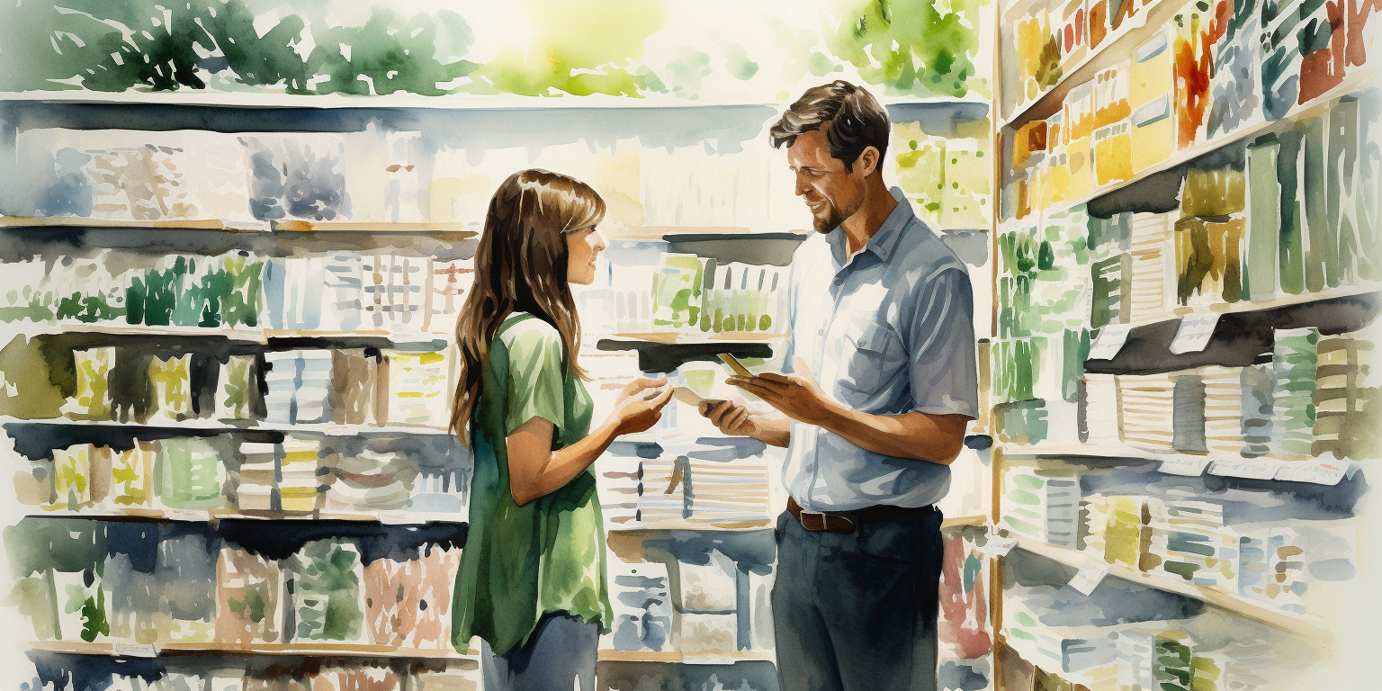Watercolor image of a consultation of two young people at a paint store