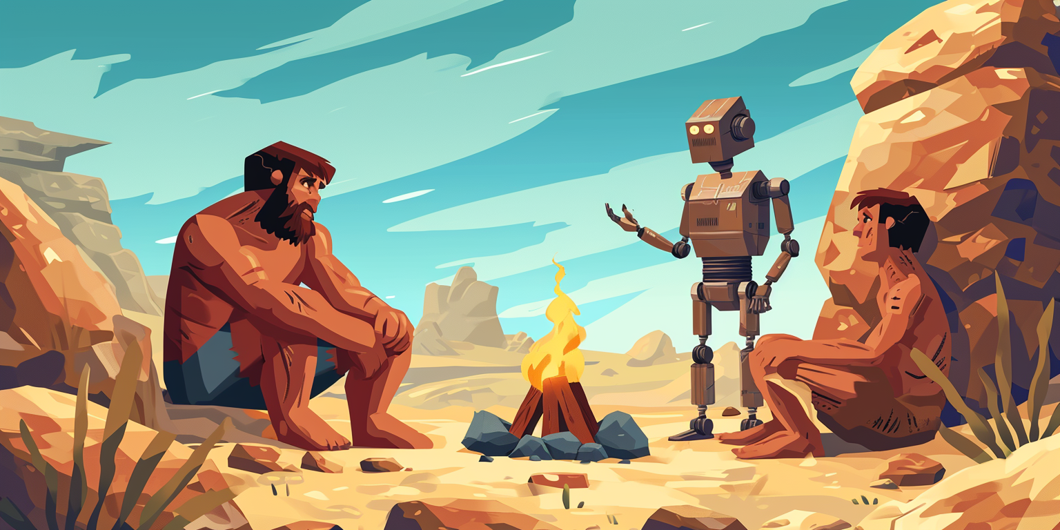 An AI robot explaining to cavemen how to make fire in a rocky landscape